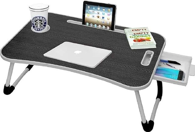 Callas Multipurpose Foldable Laptop Table with Cup Holder | Drawer | Mac Holder | Study Table, Breakfast Table, Foldable and Portable/Ergonomic & Rounded Edges/Non-Slip Legs (WA-27-Black)