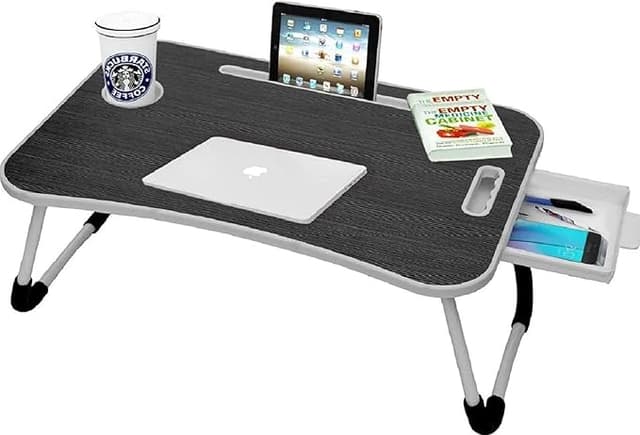 Callas Multipurpose Foldable Laptop Table with Cup Holder | Drawer | Mac Holder | Study Table, Breakfast Table, Foldable and Portable/Ergonomic & Rounded Edges/Non-Slip Legs (WA-27-Black)
